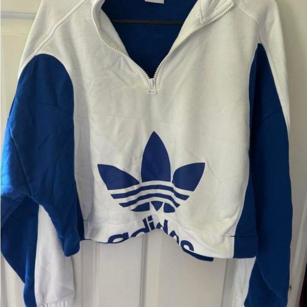 Adidas White and Blue Cropped Sweatshirt